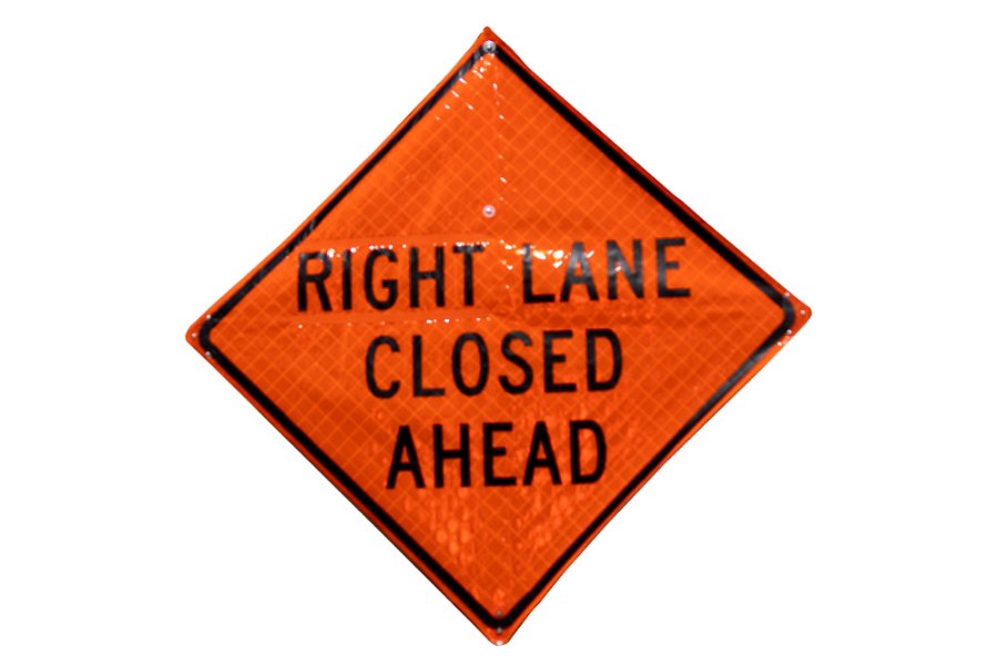 Picture of Sign and Safety Equipment 36" Orange "Left/Right Lane Closed Ahead" Roll-Up Sign