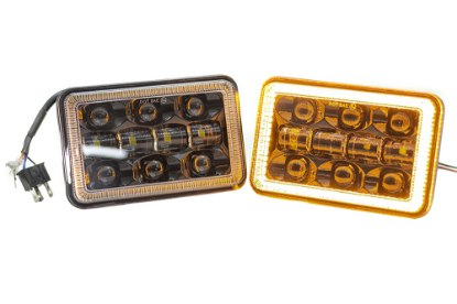 Picture of Race Sport 4x6 BLACKED OUT Series Sealed beam headlight conversion Kit with white DRL HALO, and Amber Turn Signal HALO