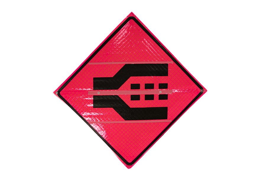 Picture of Sign and Safety Equipment Pink Retroreflective Vinyl Double Merge with Overlay Roll-Up Sign